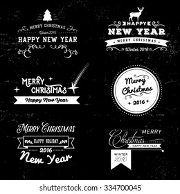 Christmas and New Year greeting card. Vector illustration. Typography, calligraphy. Snowy background. Vintage label, emblems and other decorative elements. Retro invitation. 