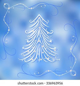 Christmas and New Year greeting card with Christmas tree decorated with pearls on winter background.