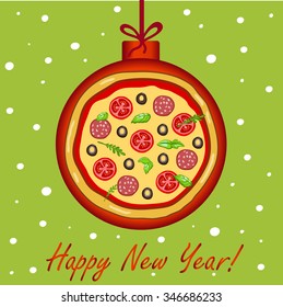 Christmas and New Year greeting card. Vector illustration. Image of tasty pizza on a ball Christmas toy.Creative happy new year 2016 design.Vector illustration.