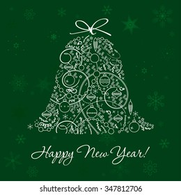 Christmas & New Year greeting card design with a bell in trendy line stile decorations. Winter Holidays vector icon & background with snowflakes for greeting cards, wallpaper, gift package decorations