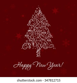 Christmas & New Year greeting card design with a fir in trendy line stile decorations. Winter Holidays vector icon & background with snowflakes for greeting cards, wallpaper, gift package decorations