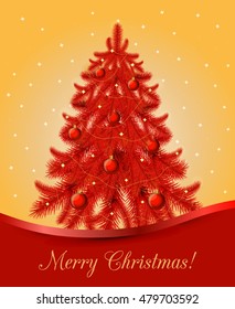 Christmas and New Year greeting card with red pine tree, glossy balls, decor.