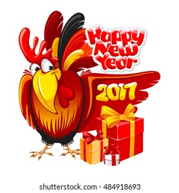 Christmas and New Year greeting card with cheerful rooster with big gift isolated on white background. Rooster - symbol of year 2017. Vector illustration.