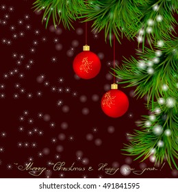  Christmas and New Year Greeting card with Christmas tree, snowflakes and red Christmas balls