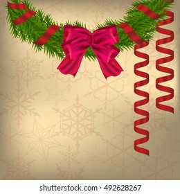 Christmas and New Year Greeting card with Christmas Wreath, ribbons and bow