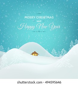 Christmas New Year greeting card. Snowy winter landscape. House in mountain. Bright blue background.