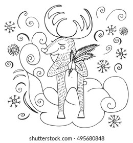 Christmas and New Year greeting card with cute deer. Hand drawn vector illustration for poster, print on clothes. Romantic sketch background.