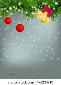 Christmas and New Year Greeting card with fir twigs, jingle bells and bow
