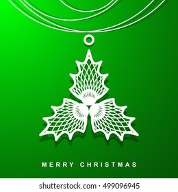 Christmas and New Year Greeting card with mistletoe on a green Background. Outline Icon on Colored Background for marketing material. Vector  illustration. 