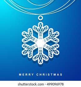 Christmas and New Year Greeting card with snowflake on a blue Background. Outline Icon on Colored Background for marketing material. Vector  illustration. 