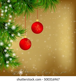 Christmas and New Year Greeting card with Christmas tree, snowflakes and and Christmas balls