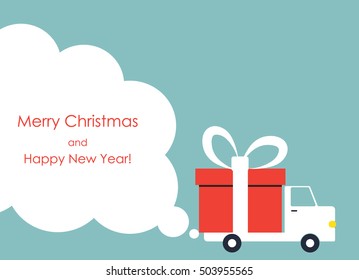 Christmas and New Year greeting card with gift delivery van with copy space. Vector illustration