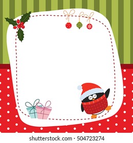 Christmas and new year greeting card with penguin and space for your text. Background with stripes and polka dots.