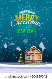 Christmas and New Year greeting card. Sweet family home among mountains. A winter banner in flat style. Vector illustration.