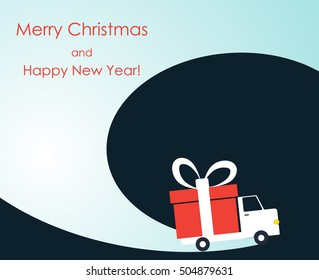 Christmas and New Year greeting card with gift delivery van goes on winter road. Vector illustration.