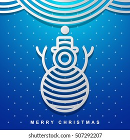 Christmas and New Year greeting card with a Snowman on a blue background. Linear icon on gradient background for marketing materials. Art Deco Style. Vector illustration. 