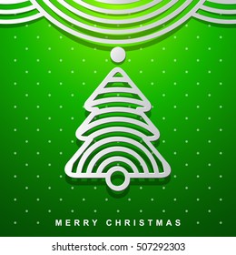 Christmas and New Year greeting card with a Christmas tree on a green background. Linear icon on gradient background for marketing materials. Art Deco Style. Vector illustration. 