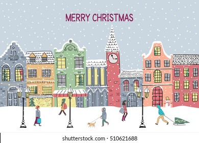 Christmas And New Year Greeting Card. Hand Drawn Snowy Town At Holiday Eve Design Background