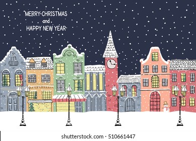Christmas and New year greeting card. Snowy town at holiday eve. Vector illustration