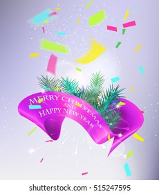 Christmas and New Year greeting card with christmas tree branches,confetti and satin pink curly ribbon. Vector illustration