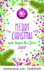 Christmas and New Year greeting card. Vector illustration. colorfull confetti background. Snowy evening street with lights. Wallpaper. art 2017
