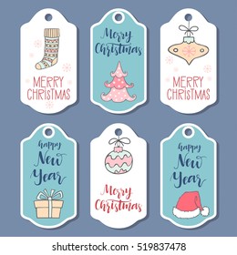 Christmas and New Year greeting card collection with hand drawn lettering. Holiday design elements for decorations