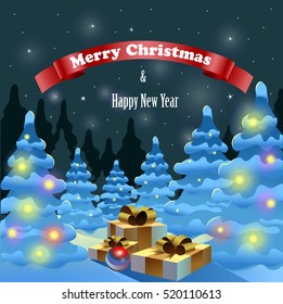 Christmas and New Year greeting card. Festive Winter landscape with fir trees in the forest, Christmas gifts and glowing balls.