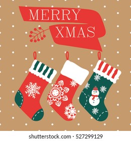 Christmas and New Year greeting card with christmas socks . Winter invitations vector illustrator