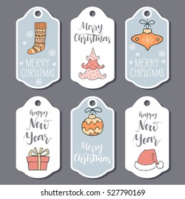 Christmas and New Year greeting card collection with hand drawn lettering. Holiday design elements for decorations