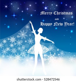 Christmas and New Year greeting card with tender ballerina holding a snow cover.