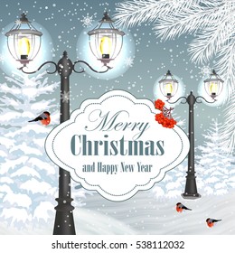 Christmas and New Year greeting card with vintage lantern on winter background.