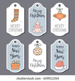 Christmas and New Year greeting card collection with hand drawn lettering. Holiday design elements for decorations