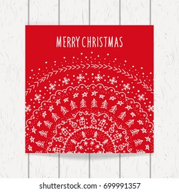 Christmas and New Year greeting card template with hand drawn doodle ornament. Modern pattern and background with Christmas tree, snowflakes, present, stars, present. 
