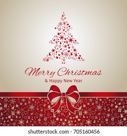 Christmas and New Year greeting card, red ribbon, vector illustration background