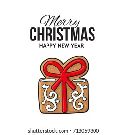 Christmas, New Year greeting card design with Xmas gift box gingerbread cookie, sketch vector illustration on white background. Christmas, New Year greeting card, banner with gingerbread present box