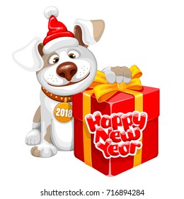 Christmas and New Year greeting card with cheerful dog with big gift isolated on white background. Dog - symbol of year 2018. Vector illustration.