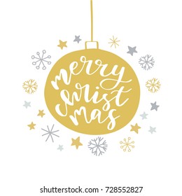 Christmas and New Year Greeting Card with handdrawn lettering. Handwritten white phrase Merry Christmas in gold xmas ball isolated on white background. Trendy vector design for xmas decor and posters