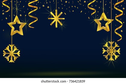 Christmas and new year greeting card on blue background. Vector illustration with hanging ornaments - snowflakes, star, tape curling streams and confetti. Christmas and new year night. 