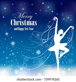 Christmas and New Year greeting card with tender ballerina and snowflakes.