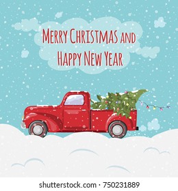 Christmas and New Year greeting card in the style of a cartoon. Vector illustration with retro pickup and Christmas fir-tree. Snowdrifts and snowfall in the city.