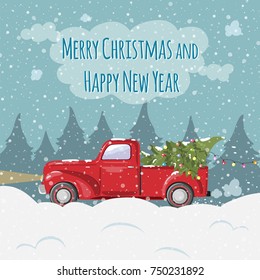 Christmas and New Year greeting card in the style of a cartoon. Vector illustration with retro pickup and Christmas fir-tree. Snowdrifts and snowfall in the city in the evening.