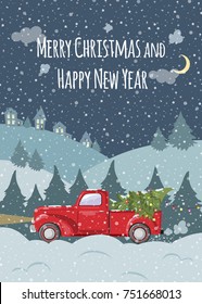 Christmas and New Year greeting card in the style of a cartoon. Vector illustration with retro pickup and Christmas fir-tree. Snowdrifts and snowfall outside the city at night.