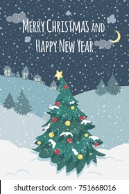 Christmas and New Year greeting card in the style of a cartoon. Vector illustration with decorated christmas tree. Snowdrifts and snowfall outside the city at night.
