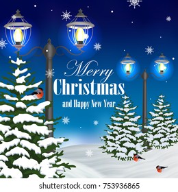 Christmas and New Year greeting card with vintage lantern on winter background.