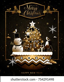 Christmas and new year greeting card design, black and gold snowman, Christmas tree and decorations. poster and banner design.