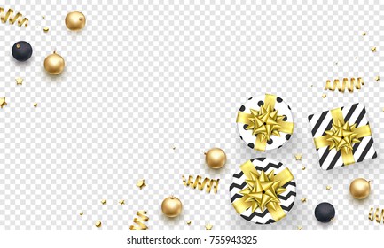 Christmas or New Year greeting card background template of golden ball decorations. Vector Christmas gifts with golden ribbon bow and gold glitter confetti on gift boxes ornament for winter holiday.