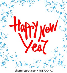 Christmas and New Year greeting card with brush calligraphy. Vector red with white background with cold blue dots and splashes. Happy New Year