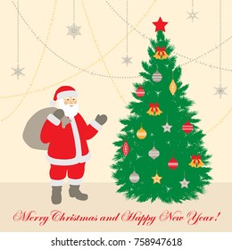 Christmas and New Year greeting card, background, banner, poster, invitation, wallpaper with Santa Claus and Christmas tree. Flat design style.