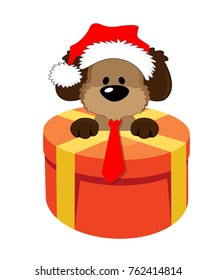 Christmas and New Year greeting card with cheerful dog with big gift on snowy winter landscape. Dog - symbol of year 2018.  illustration.