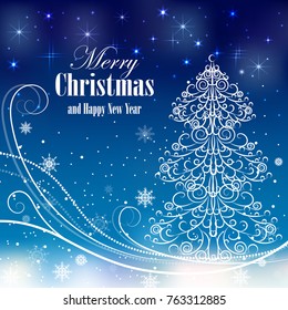 Christmas and New Year greeting card. Beautiful winter background with snowflakes and swirls.